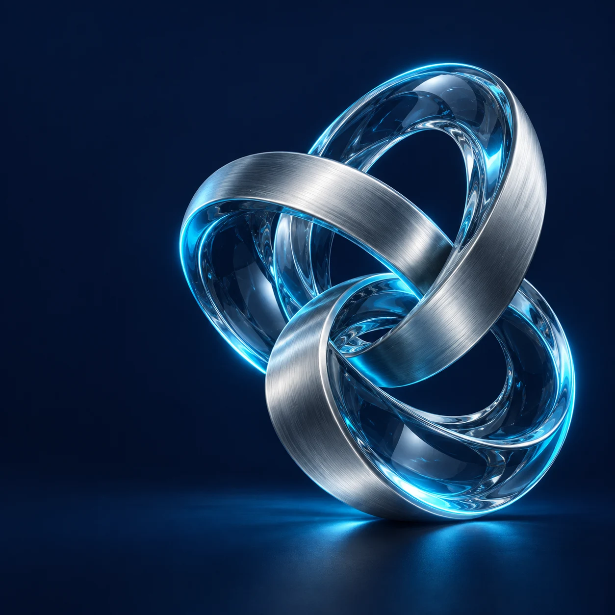Interconnected glass and metal forms illuminated in cyan